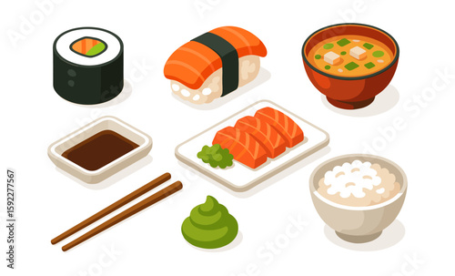 Illustrated japanese cuisine with sushi, miso soup, and rice