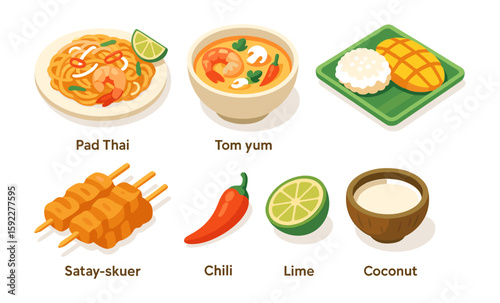 Illustrated thai cuisine: pad thai, tom yum, satay, chili, coconut, lime, mango sticky rice