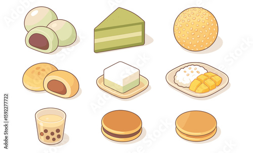Assorted asian desserts including mochi, cakes, and bubble tea