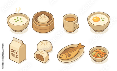 Asian breakfast variety featuring rice, steam buns, tea, soy milk, fish, and vegetables