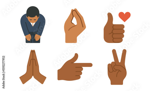 Illustration of gestures and symbols: bowing, gestures, thumbs up, heart, praying hands, peace sign
