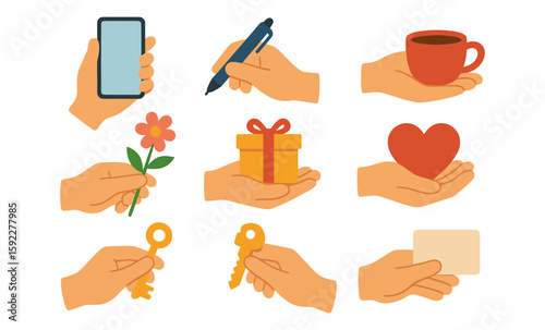 Various hands holding objects including coffee, gift, heart, phone, pen, flower, keys, card