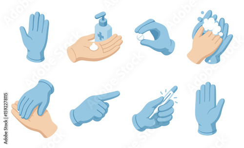 Hand hygiene: gloves, soap, sanitizer, and tools for cleanliness