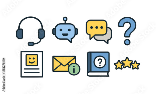 Customer support tool icons: chatbot, headset, feedback, information, support
