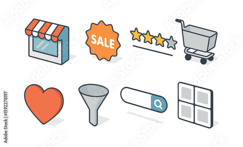 E-commerce icons set with storefront shopping cart sale stars heart magnifying glass