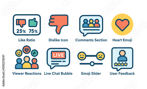 Digital icons for audience engagement: like ratio, dislike, comments, heart, viewer reactions, live chat, emoji slider, user feedback