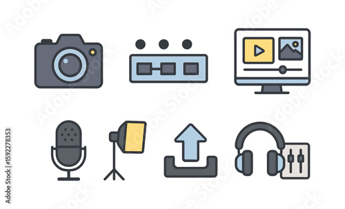 Vector icons of video production equipment and editing tools