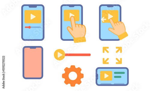 Illustrated mobile media player interface with play buttons and controls