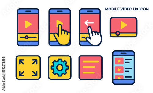 Colorful mobile video ux icons and interactive design elements