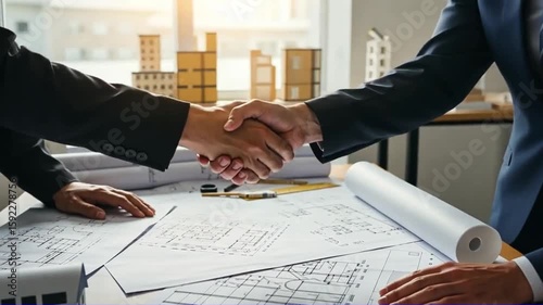 Two people in suits shake hands over architectural blueprints