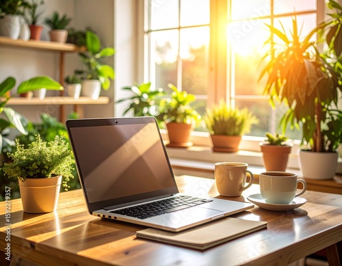 Remote Work at Home on a Cozy Desk with Laptop, Coffee, and Plants