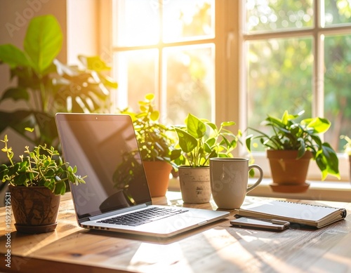 Remote Work at Home on a Cozy Desk with Laptop, Coffee, and Plants
