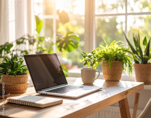 Remote Work at Home on a Cozy Desk with Laptop, Coffee, and Plants