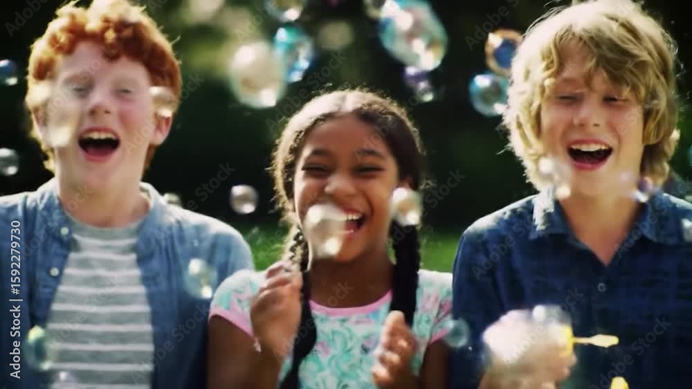 Three smiling children gleefully blow bubbles outdoors in sunny, blurred green background Three smiling children gleefully blow bubbles outdoors in sunny, blurred green background