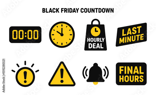 Black friday countdown icons set: hourly deals and last minute alerts