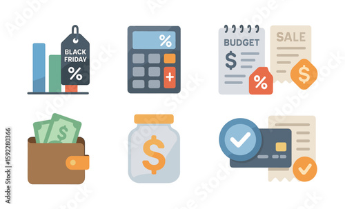 Budget planning and savings icons for black friday shopping and financial management
