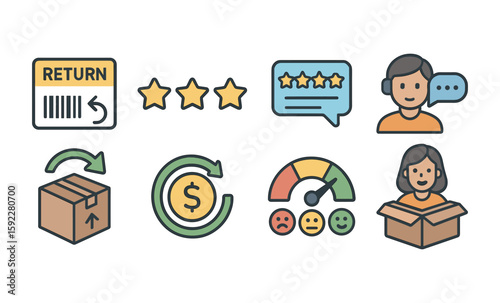Flat vector icon set for post-black friday returns and customer reviews