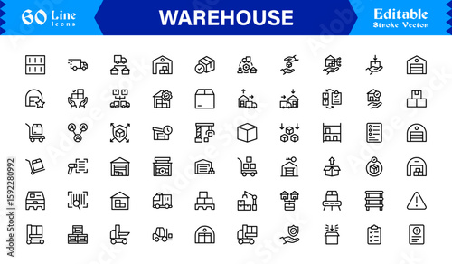 Warehouse and Storage Facility Icons – Modern Professional Line Icon Set Featuring Minimal Vector Design for Logistics and Inventory Management
