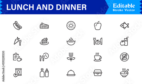Lunch and Dinner Food Icons – Modern Professional Line Icon Set Featuring Minimal Vector Design for Culinary and Dining Concepts