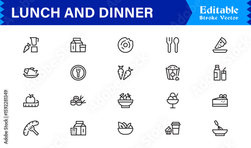 Lunch and Dinner Food Icons – Modern Professional Line Icon Set Featuring Minimal Vector Design for Culinary and Dining Concepts
