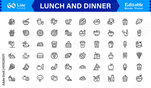 Lunch and Dinner Food Icons – Modern Professional Line Icon Set Featuring Minimal Vector Design for Culinary and Dining Concepts