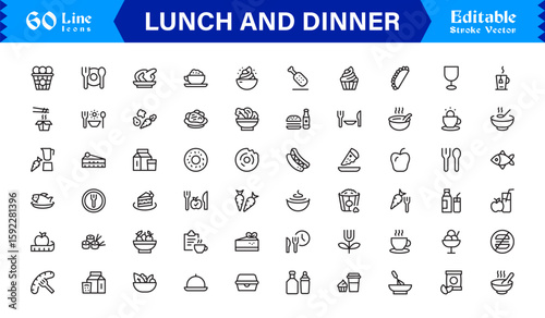 Lunch and Dinner Food Icons – Modern Professional Line Icon Set Featuring Minimal Vector Design for Culinary and Dining Concepts