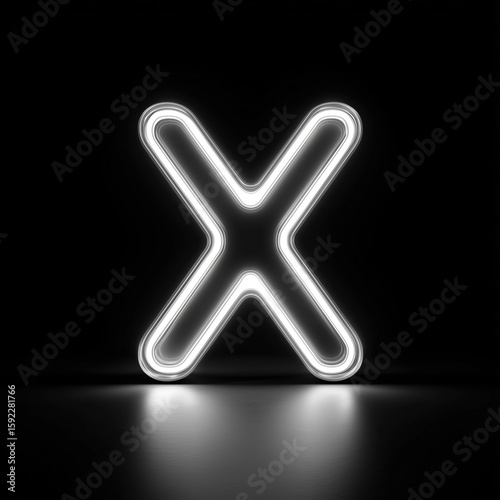 A glowing neon letter X in white against a black background. The light creates a soft reflection on the surface below.