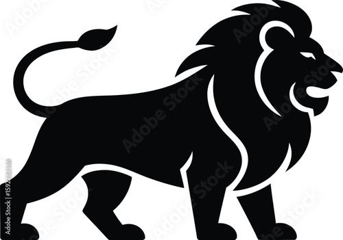 Regal lion silhouette stands proudly in black, exuding strength and power, making a bold graphic statement, perfect for design projects.
