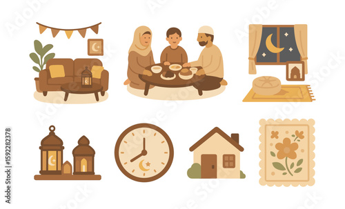 Muslim family enjoying iftar at home with ramadan decorations and lanterns