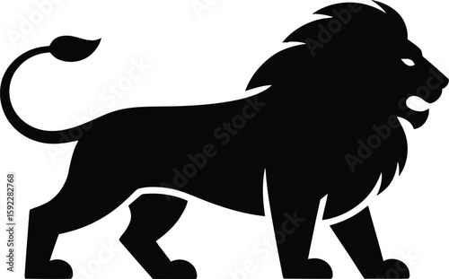 Majestic lion prowls in a striking black silhouette, symbolizing strength, leadership, and royal power on a clean white backdrop.