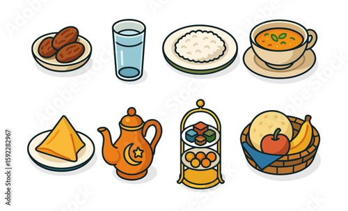 Traditional iftar meal with dates, rice, soup, samosa, tea set, sweets, bread, and fruits