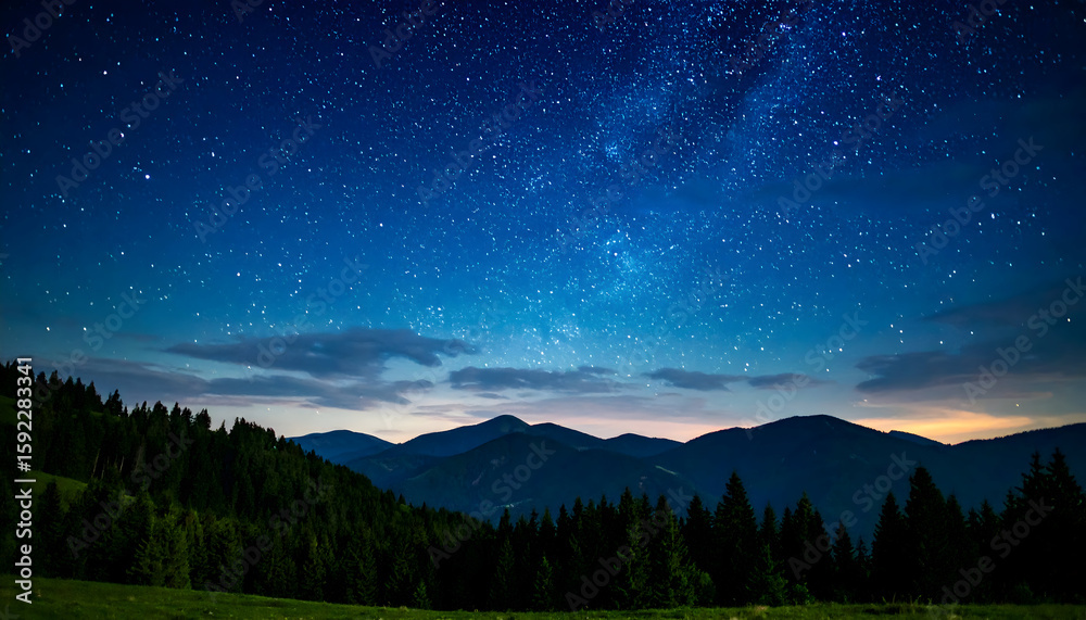 Fototapeta premium Dark Blue Night Sky with Milky Way over Mountain Range and Trees