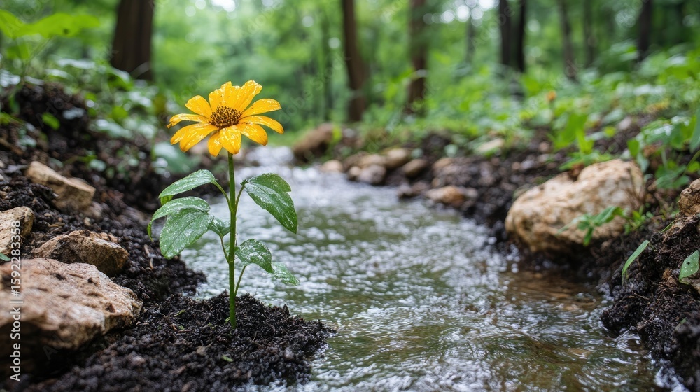 Obraz premium Gentle stream running near a recently planted sapling, suggesting ecological harmony and care