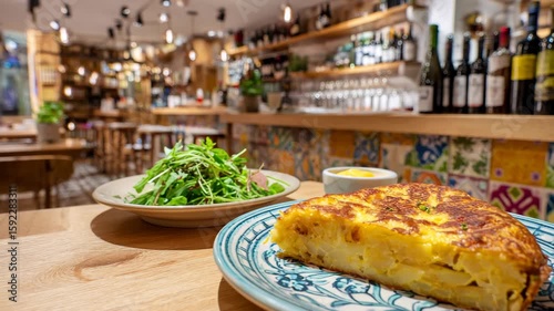 Traditional Spanish potato omelet (tortilla) on a plate with a fresh salad.
