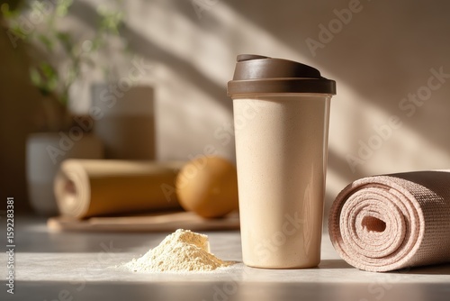 Aesthetic Scene with Protein Powder, Shaker Cup, and Yoga Mat at Home