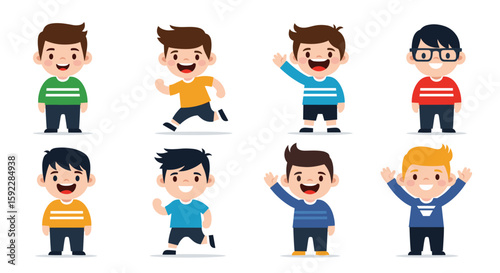 Collection of adorable cartoon boys with diverse outfits and expressions engaging in various activities