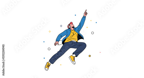 Energetic person jumps upwards pointing finger wearing headphones enjoying music and fun