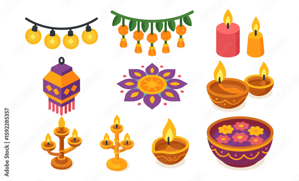 Fototapeta premium Colorful diwali decorations with diyas, candles, and festive garlands