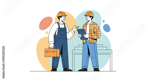 Skilled construction workers discussing blueprints and project plans on a building site