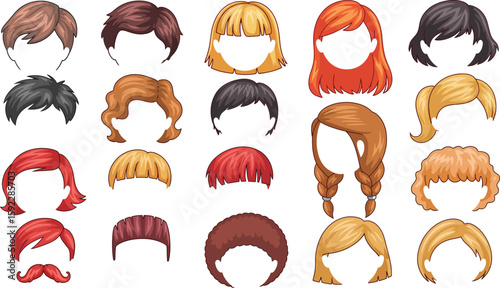 Haircut styles wigs hairpieces fashion beauty salon hairstyle trends vector illustration collection, editable vector.
