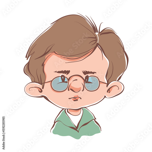 Child boy avatar. Cute portrait of a male kid with funny glasses on a smart, serious face. User profile of a funny schoolboy, a pupil. Hand-drawn vector illustration of a kid isolated on white.