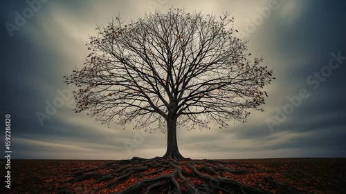 A solitary bare tree with its roots exposed, standing strong in a field of fallen autumn leaves under a dramatic, cloudy sky.
