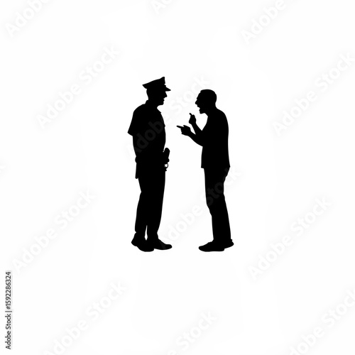 Silhouette of police officer arguing with civilian on white background