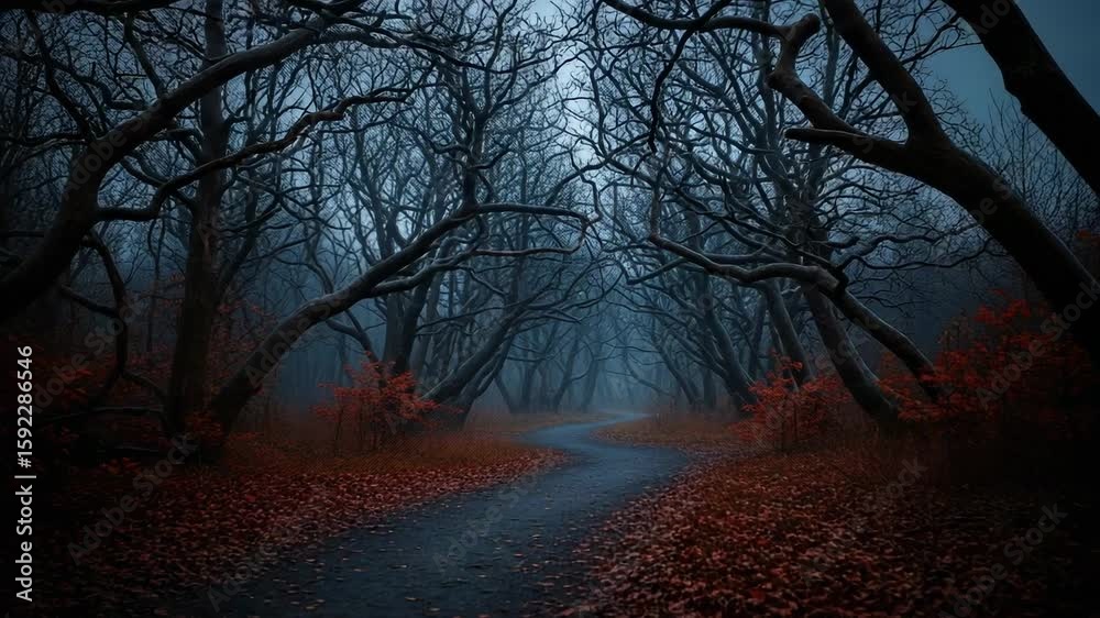 Mysterious winding path in a dark, foggy autumn forest. Spooky woods with bare trees and red leaves on a gloomy day.