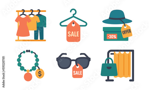 Shopping icons: clothing, sale tags, hat, jewelry, sunglasses, shopping bag