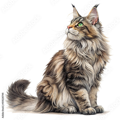 Long haired Maine Coon cat with bushy tail and green eyes