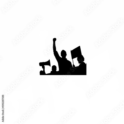 Silhouette of protester yelling with fist raised on white background