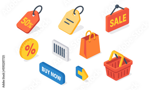 Isometric shopping icons: tags, bags, sale signs, shopping cart, barcode, buy button