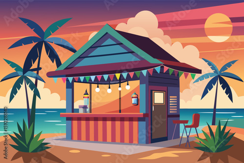 Vibrant beach bar at sunset with palm trees