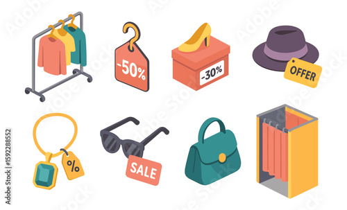 Shopping icons: clothing, discounts, accessories, and offers in stylish illustrations
